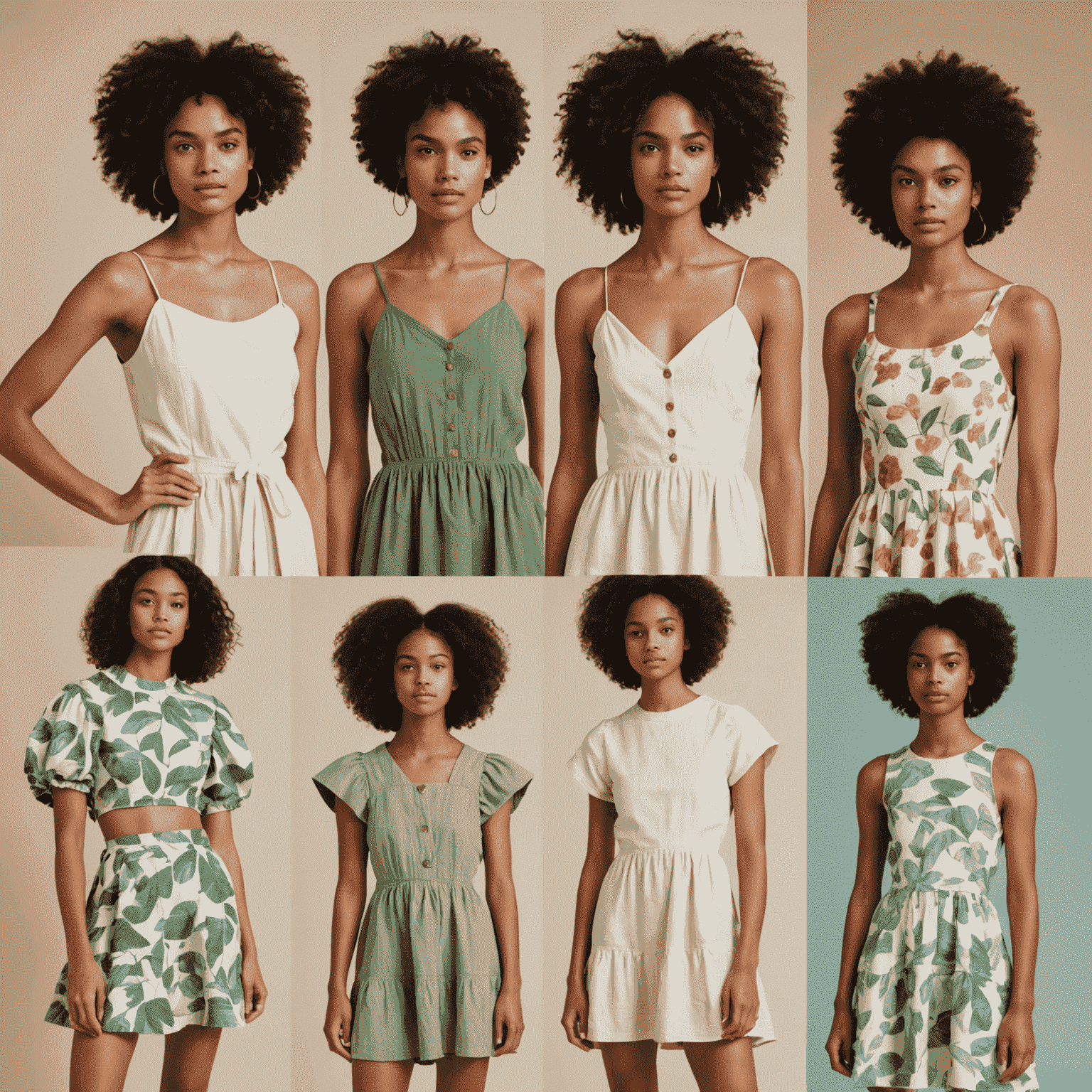 A collage of sustainable fashion pieces including organic cotton dresses, recycled polyester activewear, and accessories made from upcycled materials. Models of diverse backgrounds wearing these eco-friendly outfits.