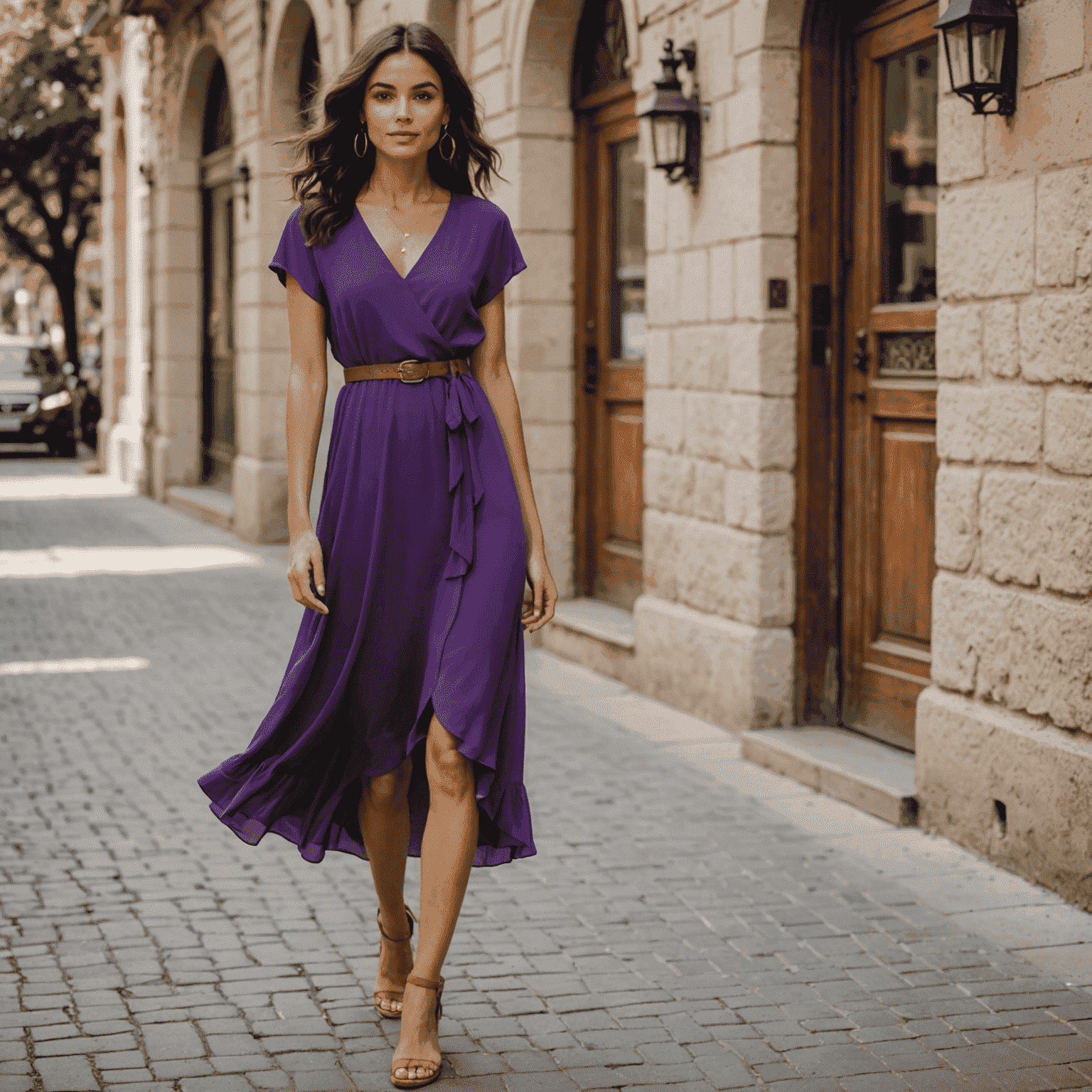 A young woman wearing a flowy, knee-length dress in a vibrant purple color, perfect for a casual day out. The dress features a v-neck and short sleeves, cinched at the waist with a thin belt.