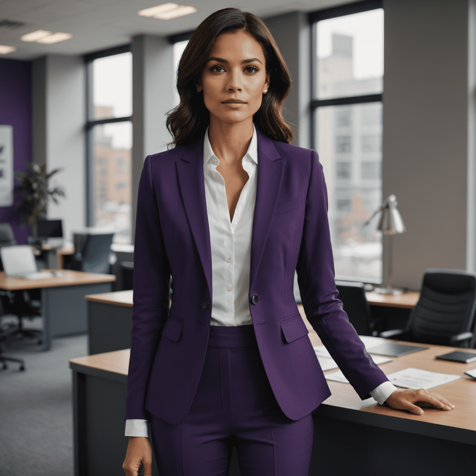 A sophisticated woman wearing a perfectly fitted deep purple suit with a crisp white shirt. The suit jacket features a modern cut with slightly padded shoulders and a nipped-in waist. The trousers are slim-fit and ankle-length. The model is standing confidently in a sleek office environment.