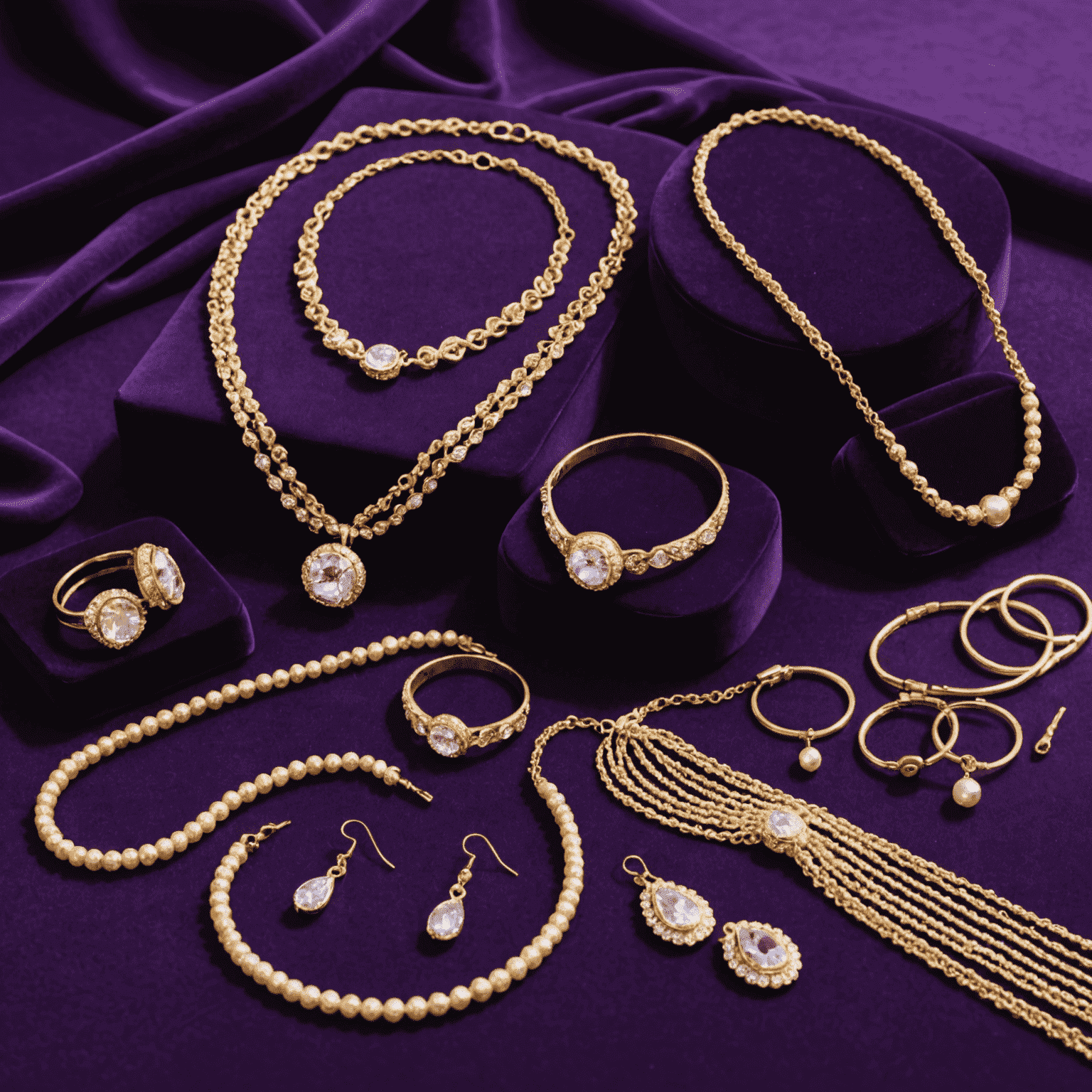 Elegant necklaces, bracelets, and earrings displayed on a purple velvet surface