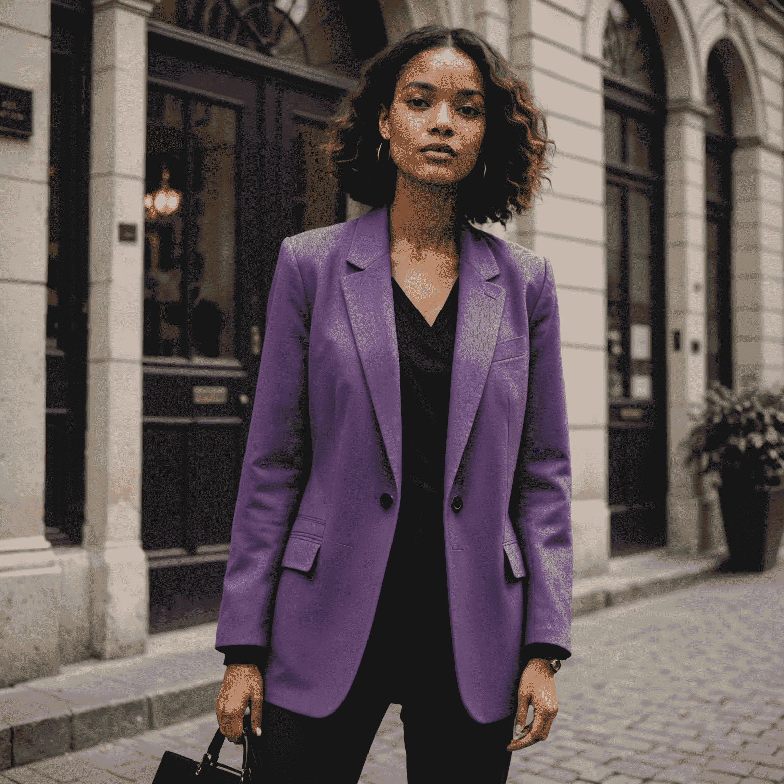 Woman wearing an oversized purple blazer paired with slim-fit black trousers