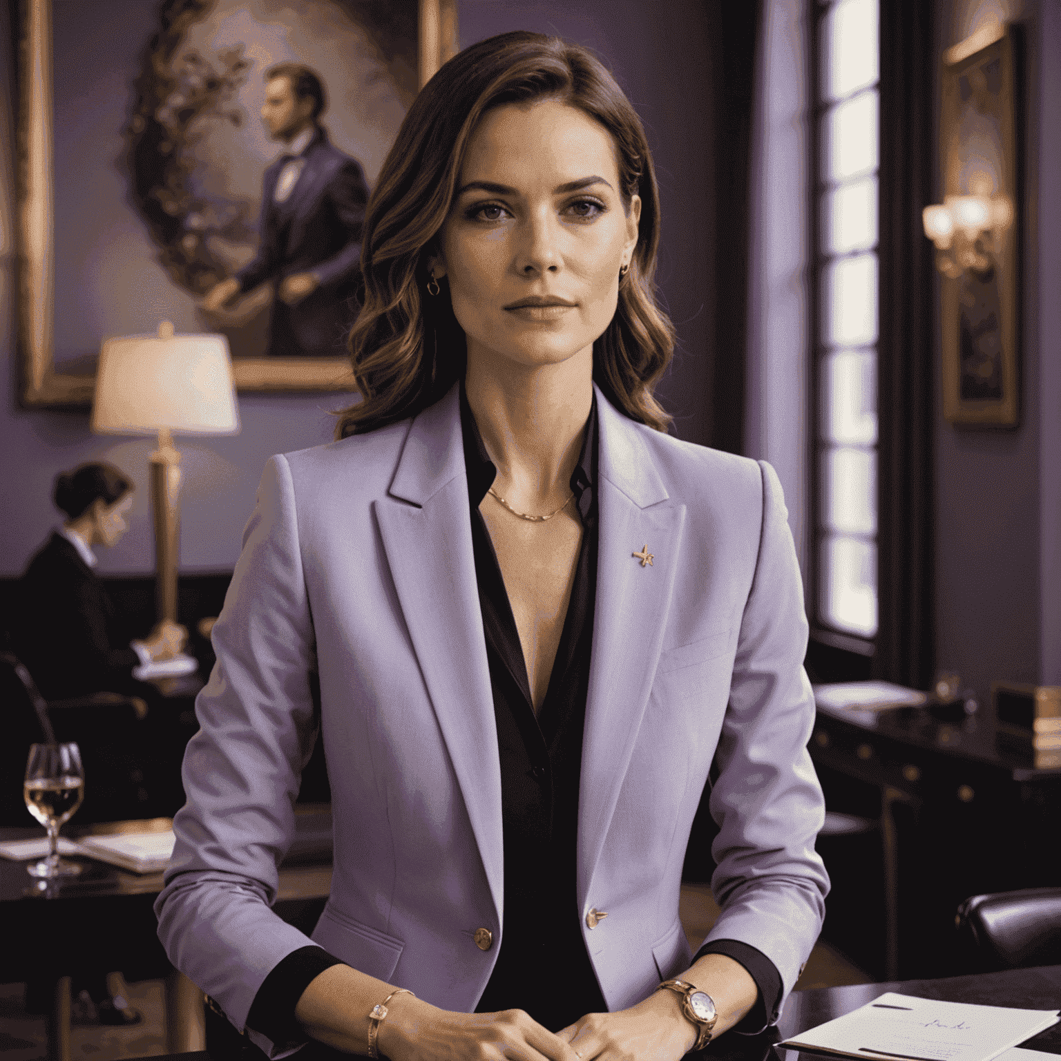 A chic businesswoman wearing a lavender colored tailored blazer over a black silk blouse. The blazer has a single-button closure and slim lapels. She's accessorized with minimalist gold jewelry. The background suggests a high-end boutique or fashion showroom.