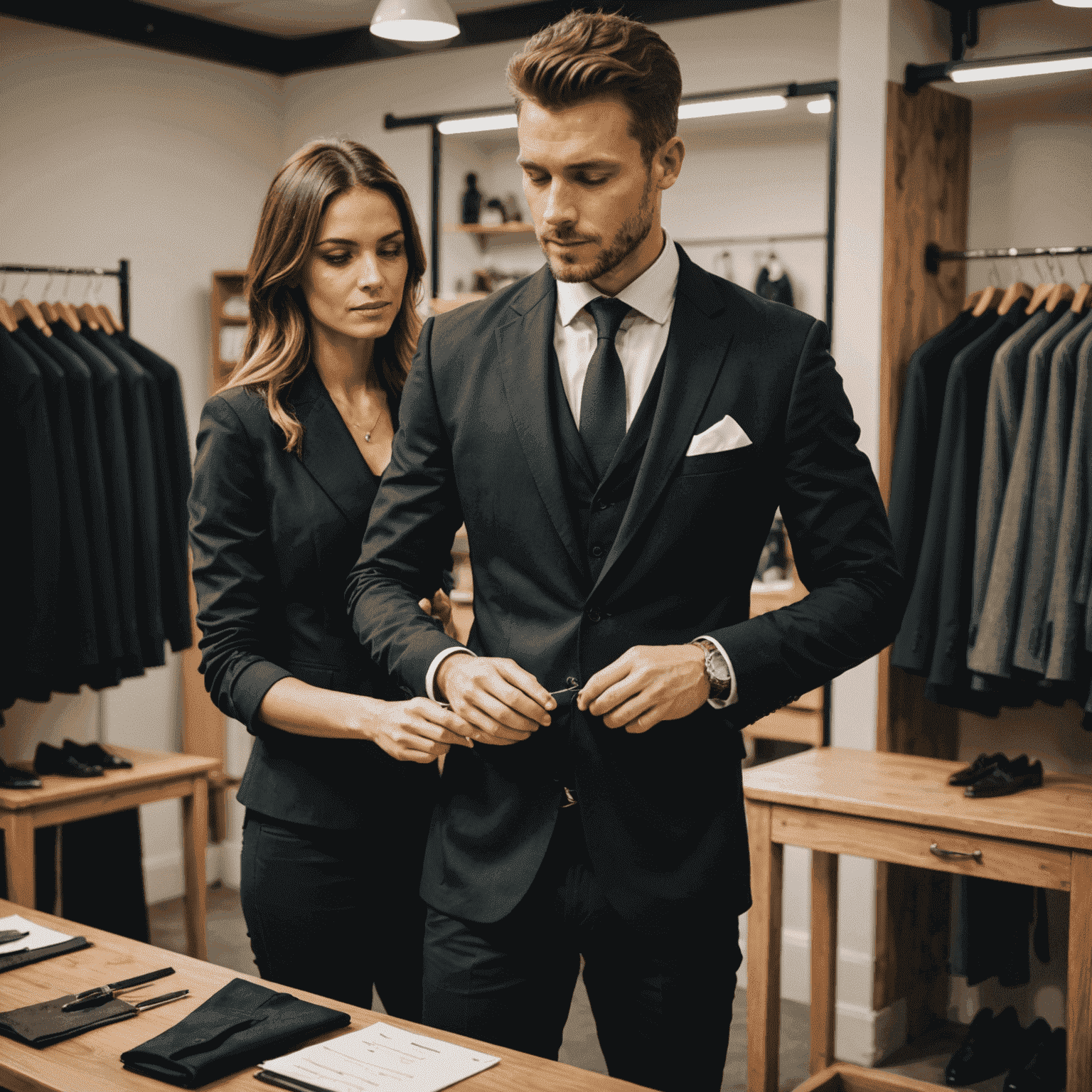 A customer being fitted for a stylish black blazer, with a tailor making precise measurements