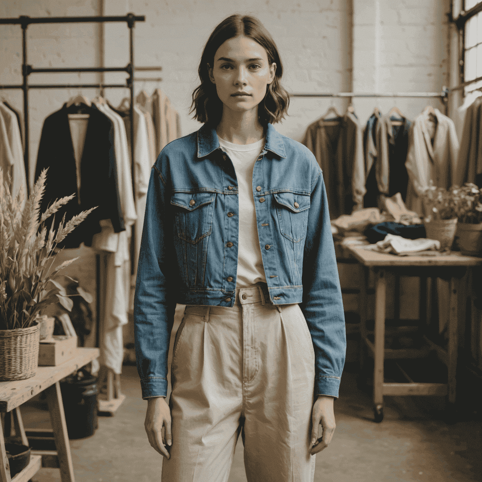 A collection of eco-friendly clothing items made from recycled materials, alongside images of sustainable fashion production processes