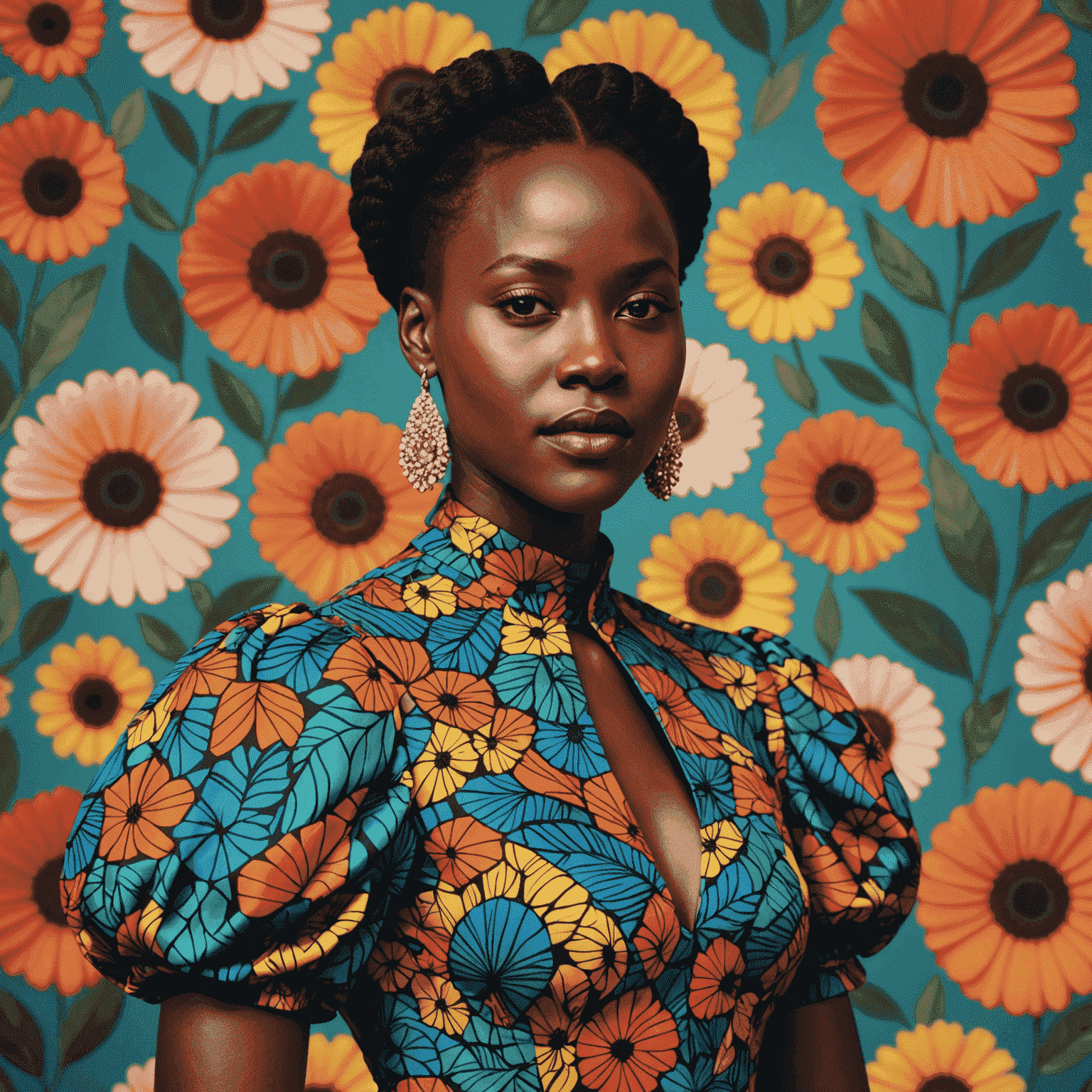 Lupita Nyong'o wearing a colorful, patterned midi dress with a high neck and puff sleeves