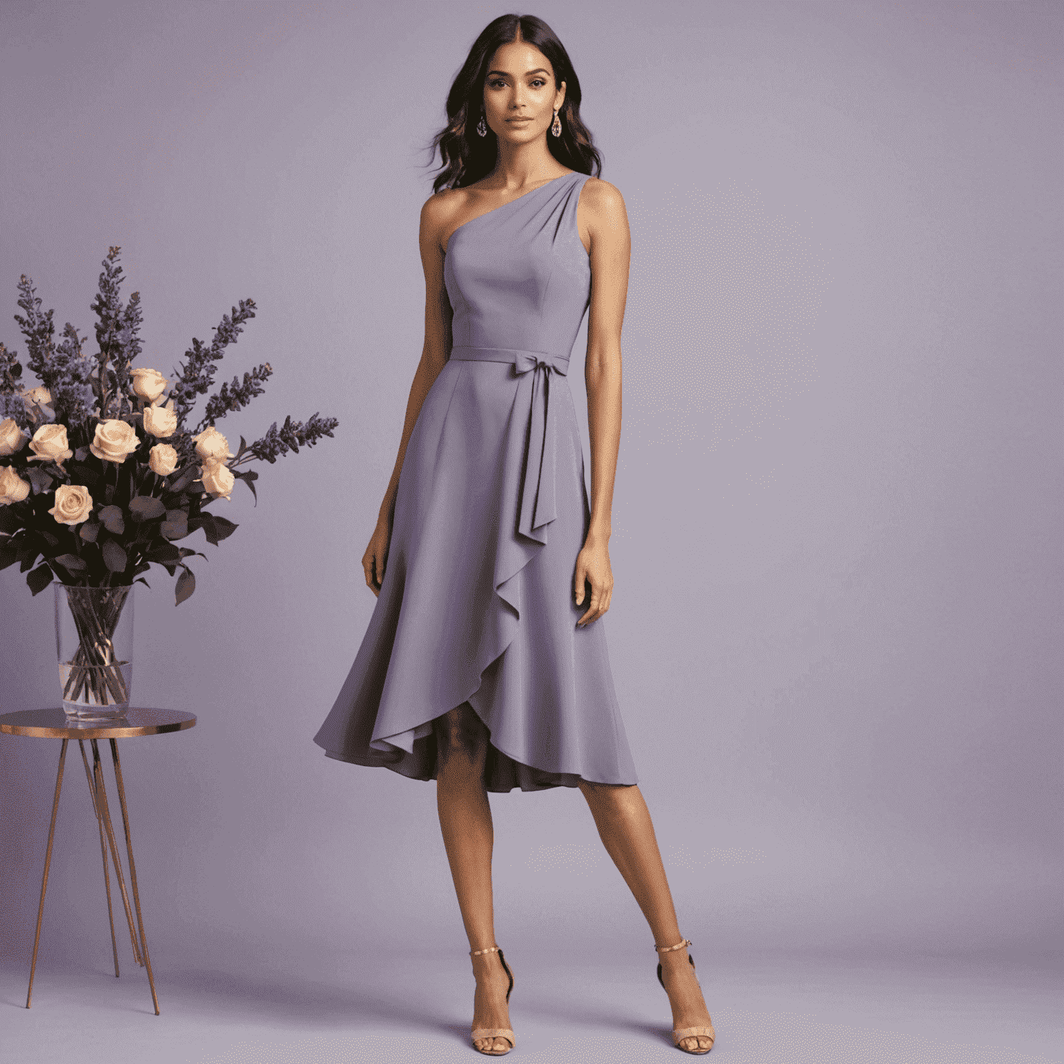 A sophisticated woman wearing a knee-length cocktail dress in a rich lavender shade. The dress features a one-shoulder design and a fitted waist, perfect for semi-formal events.