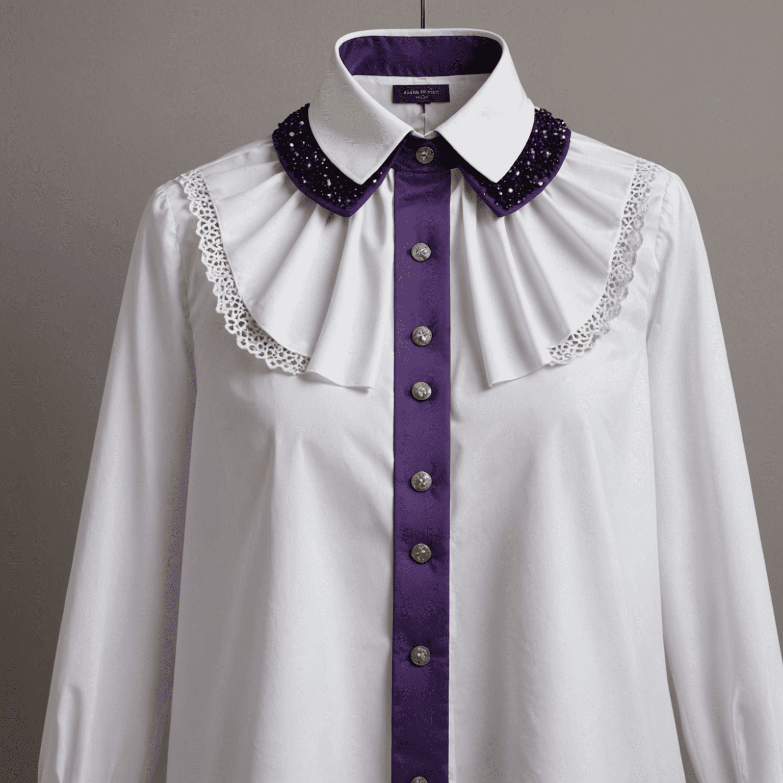 Close-up of various tops featuring statement collars, including a white blouse with a large purple embellished collar