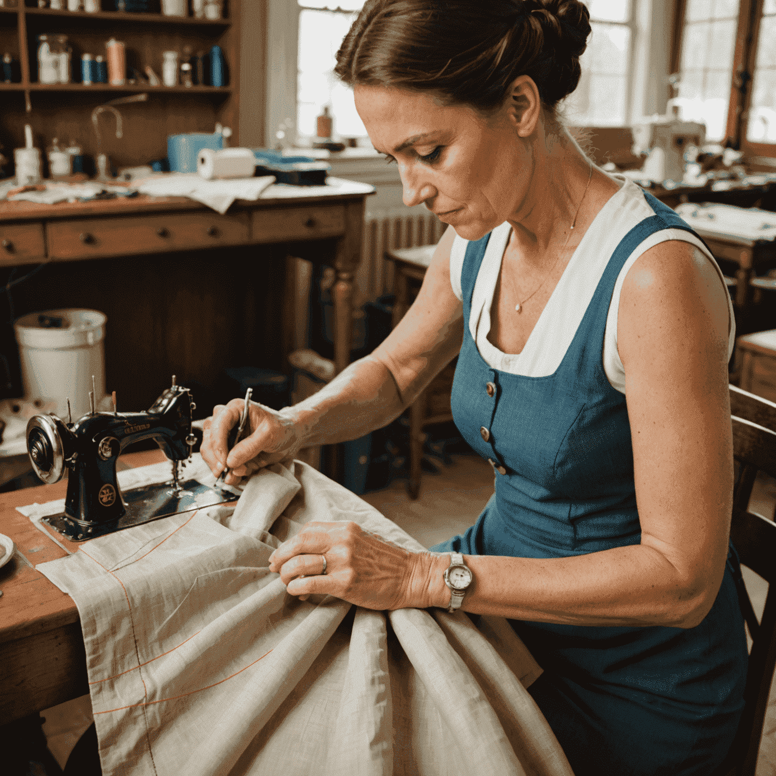 A seamstress working on altering a dress, with measuring tape and sewing materials visible.