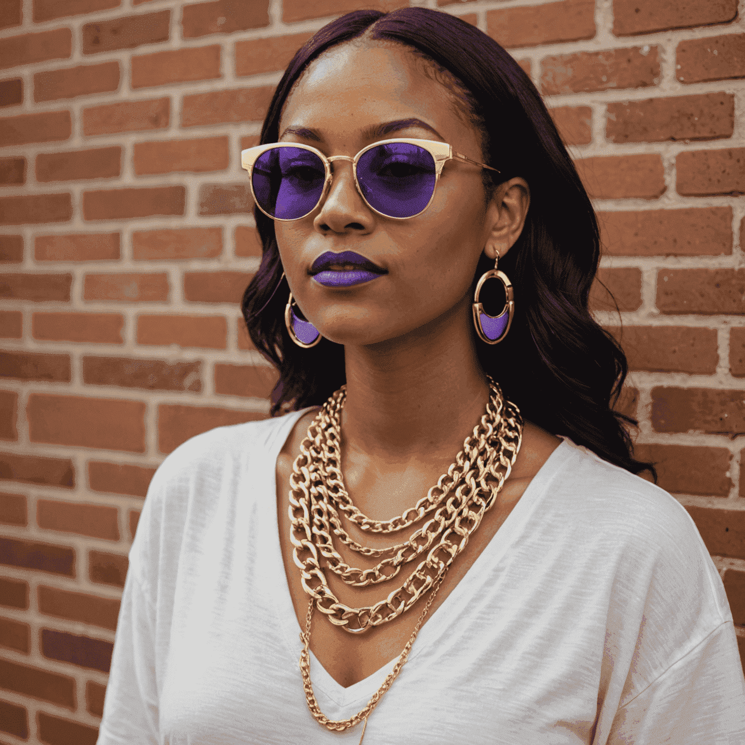 Assortment of bold accessories including a chunky gold chain necklace, oversized purple sunglasses, and colorful statement earrings